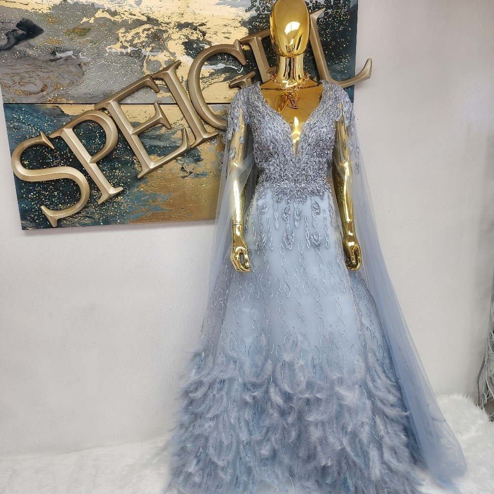 Blue Plunge Embellished Gown